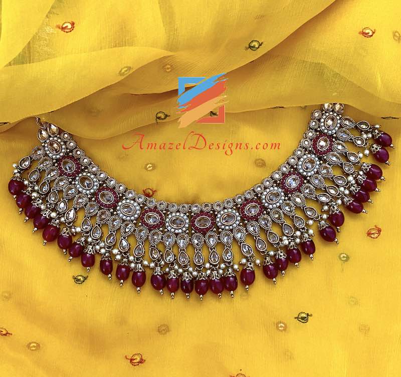 Collana da sposa Polki marrone con orecchini Chandbali Jhumki Set Tikka