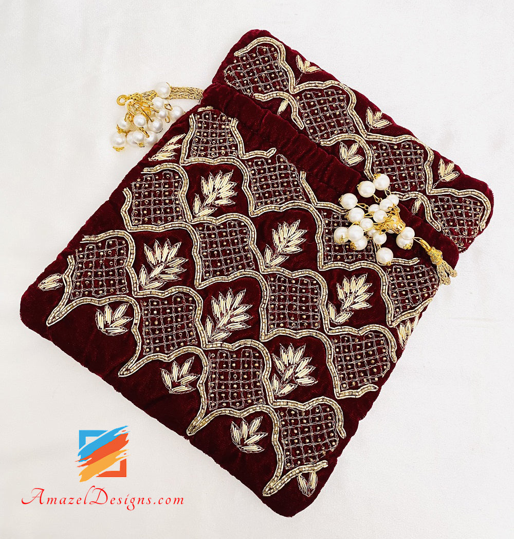 Maroon Potli Dabka Tiny Beads Work