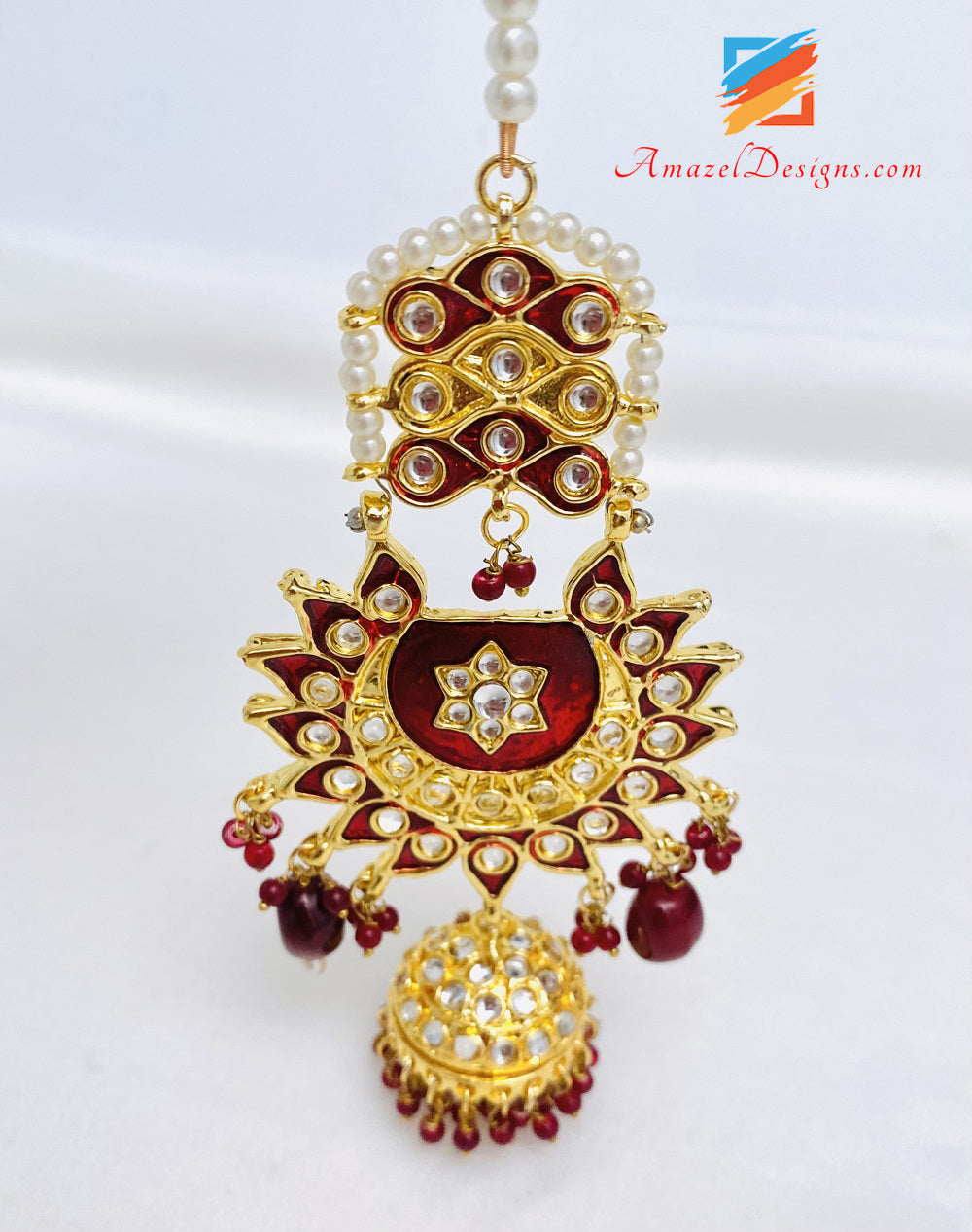 Maroon Ruby Kundan Chandbali Jhumki Earrings Tikka Set