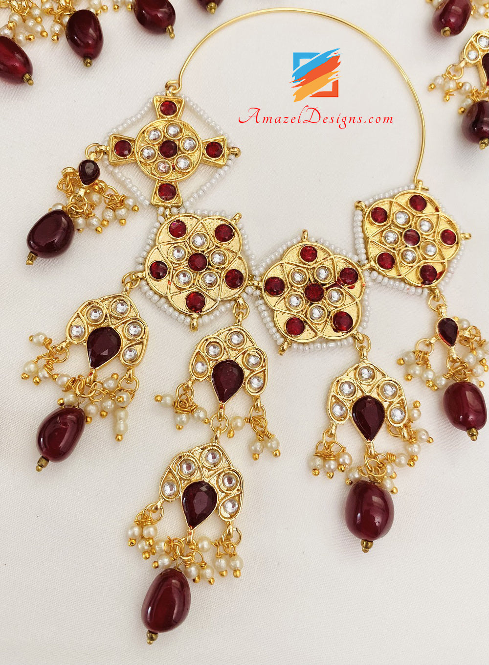 Maroon Ruby Kundan Choker Oversized Lightweight Balley Earrings Tikka Set