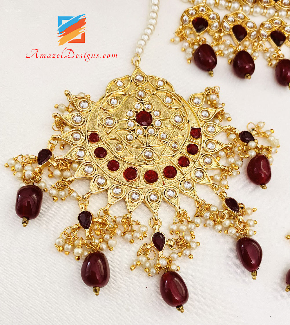 Maroon Ruby Kundan Choker Oversized Lightweight Balley Earrings Tikka Set