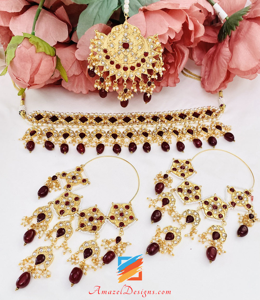 Maroon Ruby Kundan Choker Oversized Lightweight Balley Earrings Tikka Set