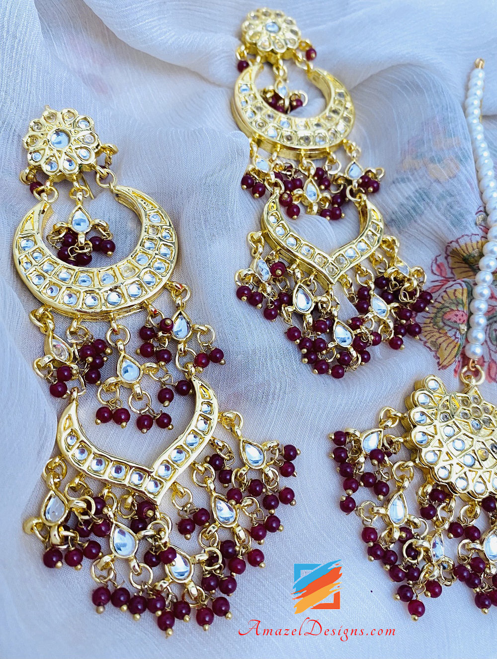 Maroon Ruby Kundan Earrings Tikka Set