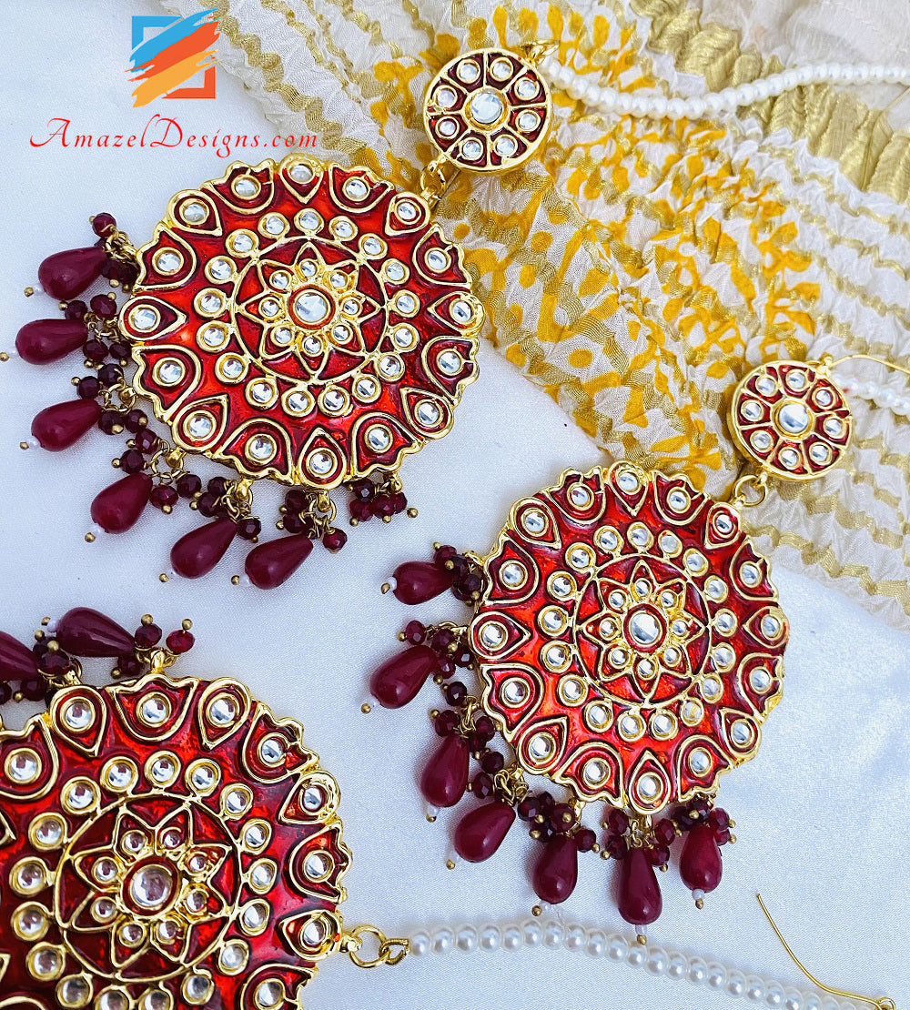 Maroon Ruby Kundan Earrings Tikka Set