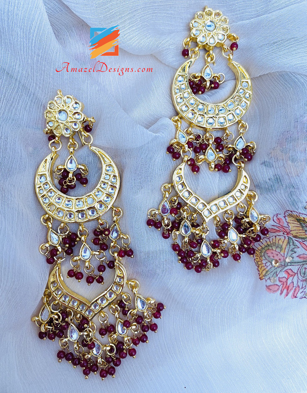 Maroon Ruby Kundan Earrings Tikka Set