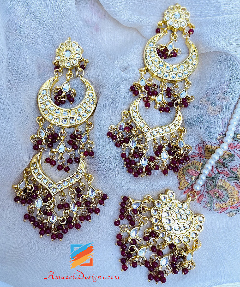 Maroon Ruby Kundan Earrings Tikka Set