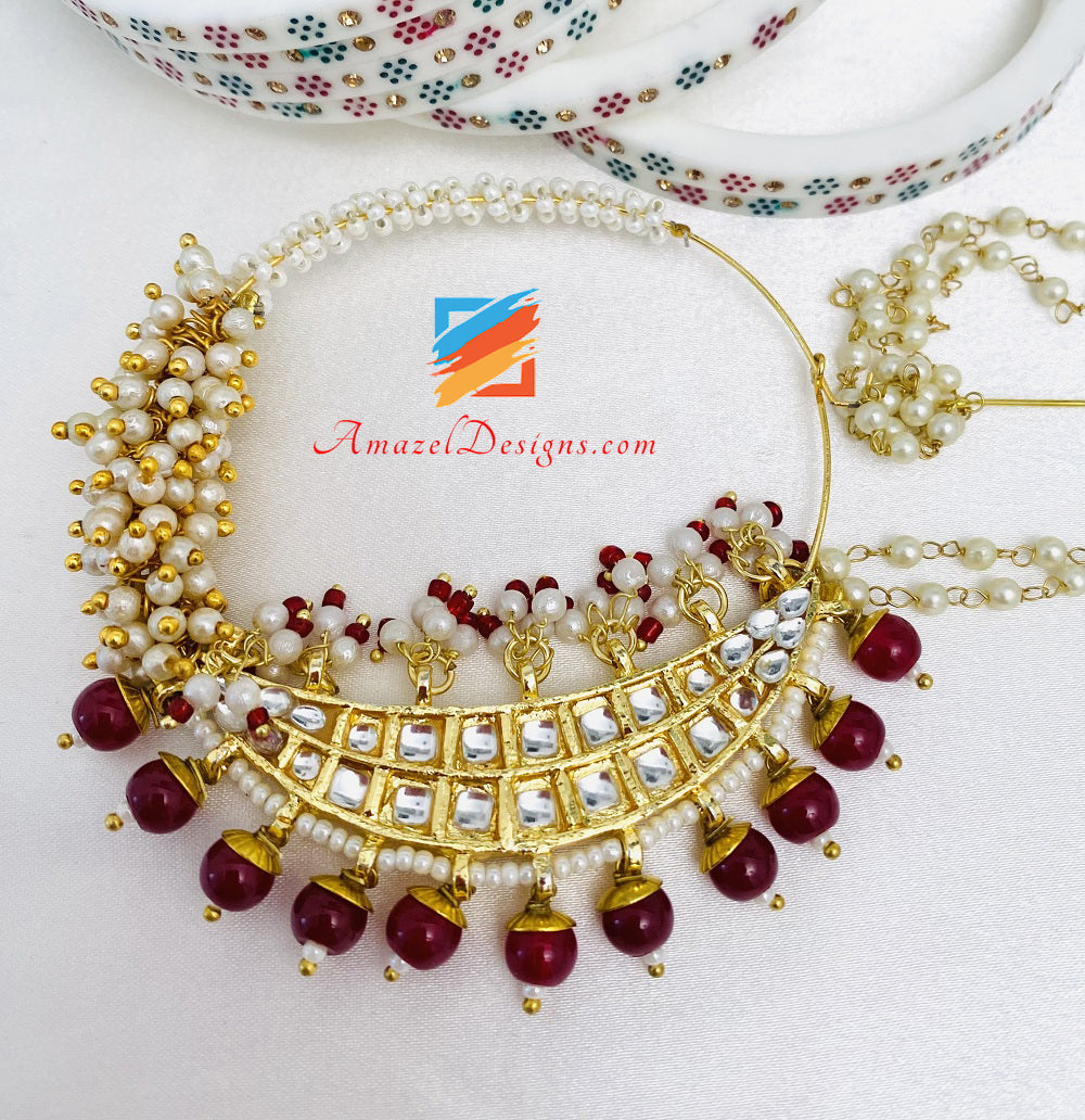Maroon Ruby Large Kundan Pierced Nath