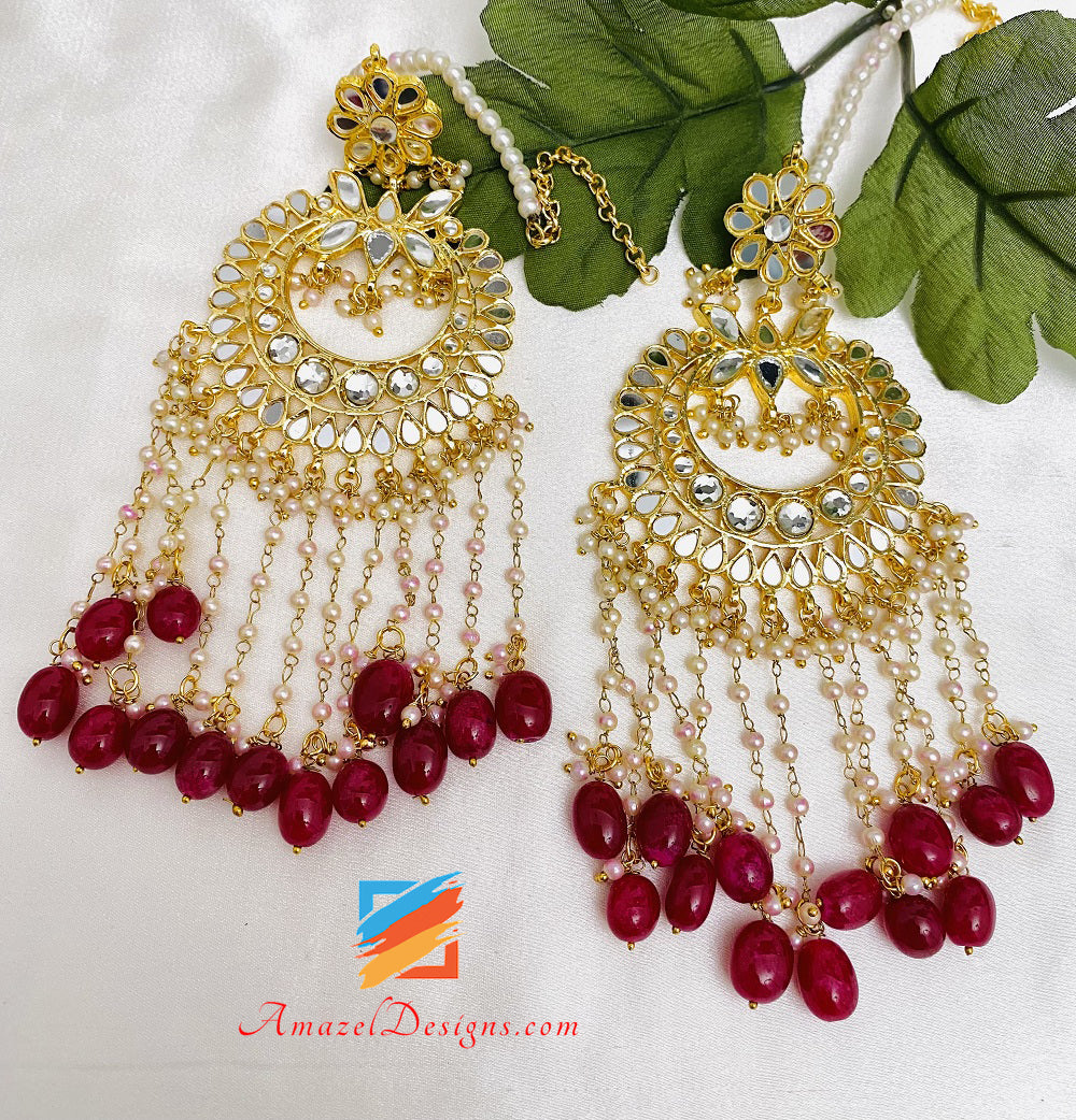 Maroon Ruby Mirror Earrings Tikka Set