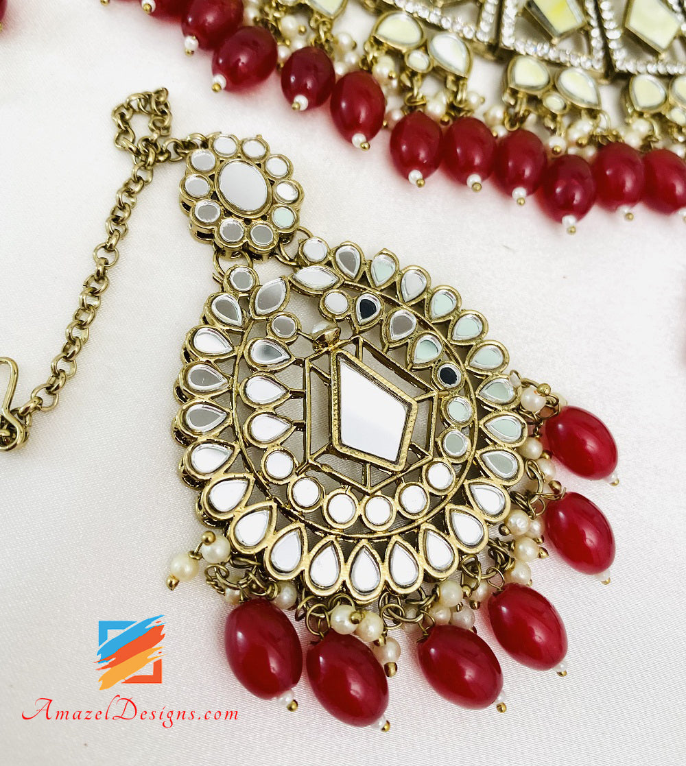 Maroon Ruby Mirror Necklace Earrings Tikka Set