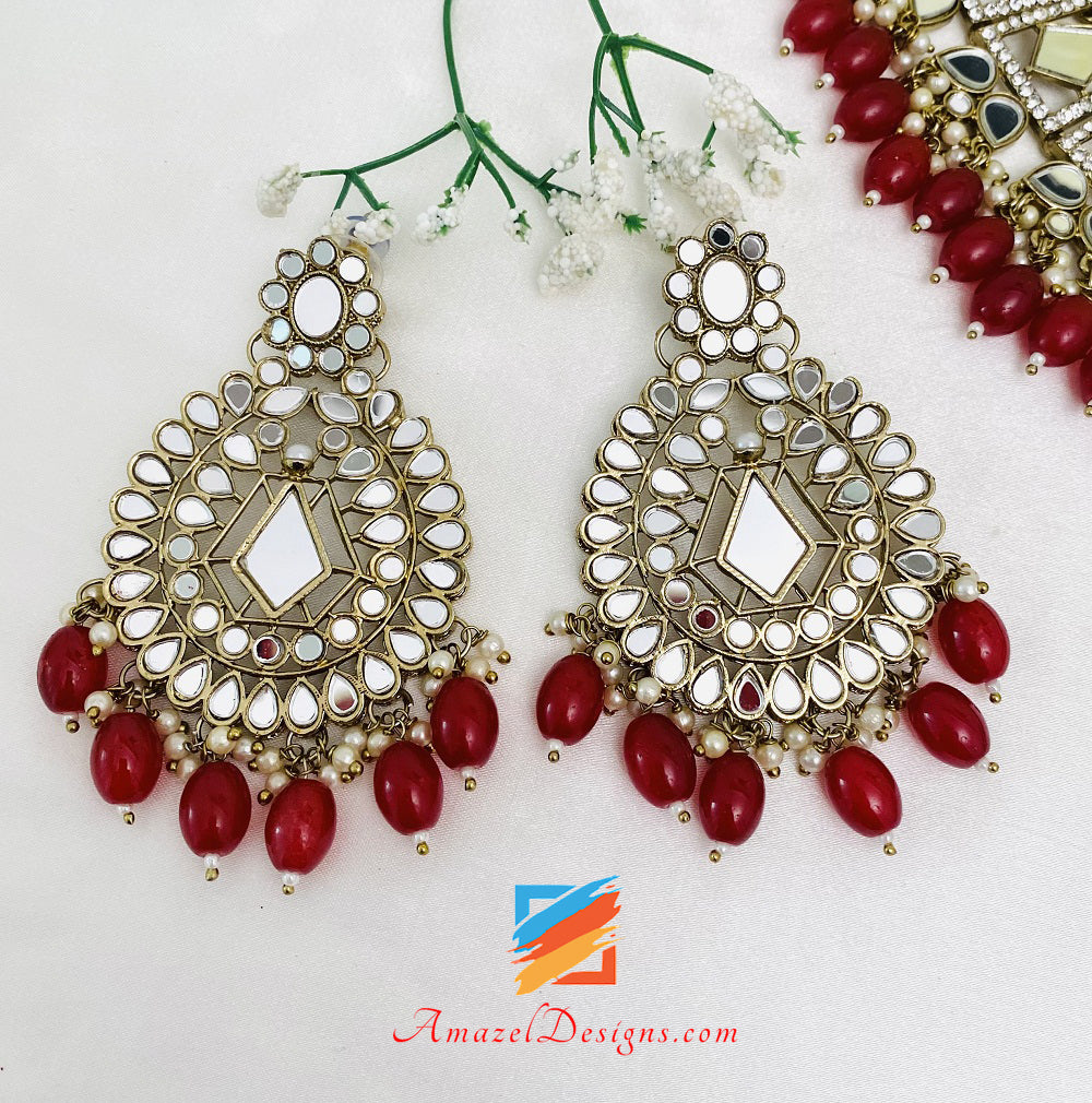 Maroon Ruby Mirror Necklace Earrings Tikka Set