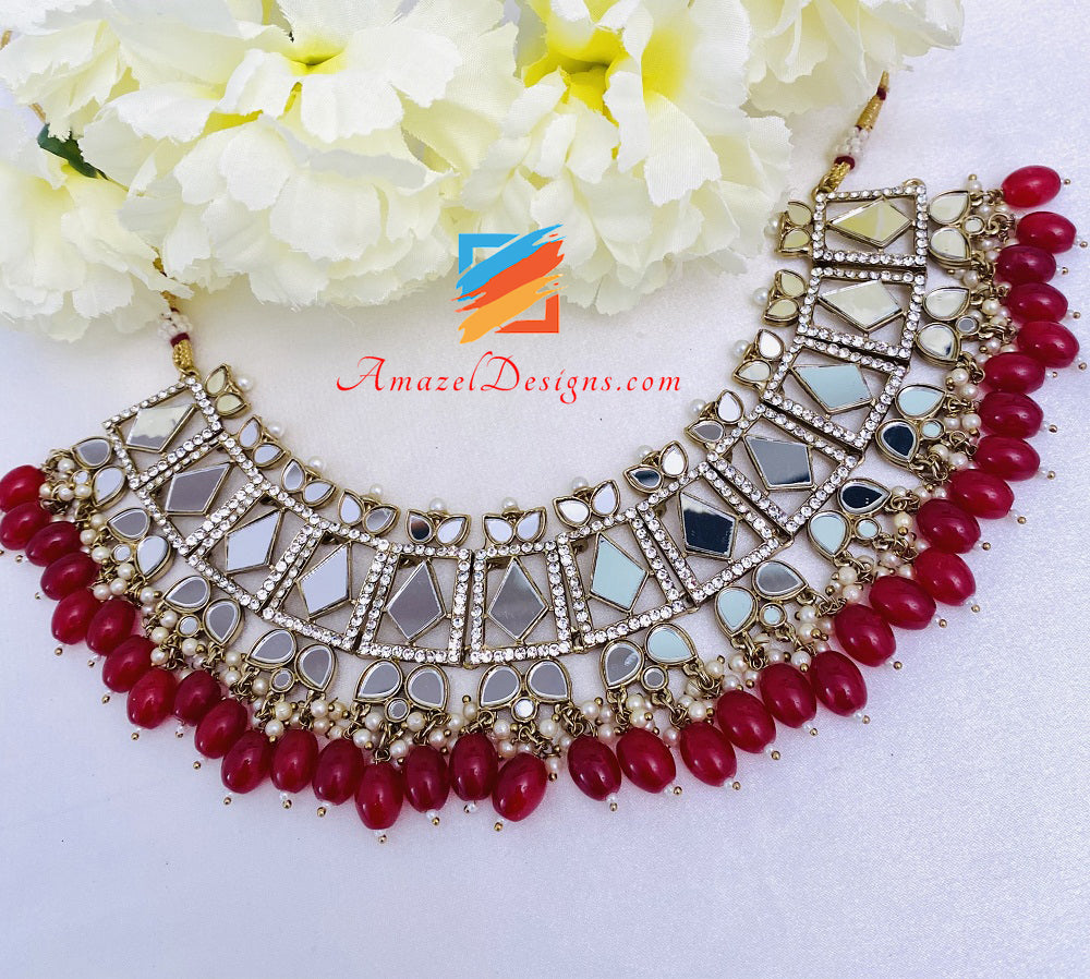 Maroon Ruby Mirror Necklace Earrings Tikka Set