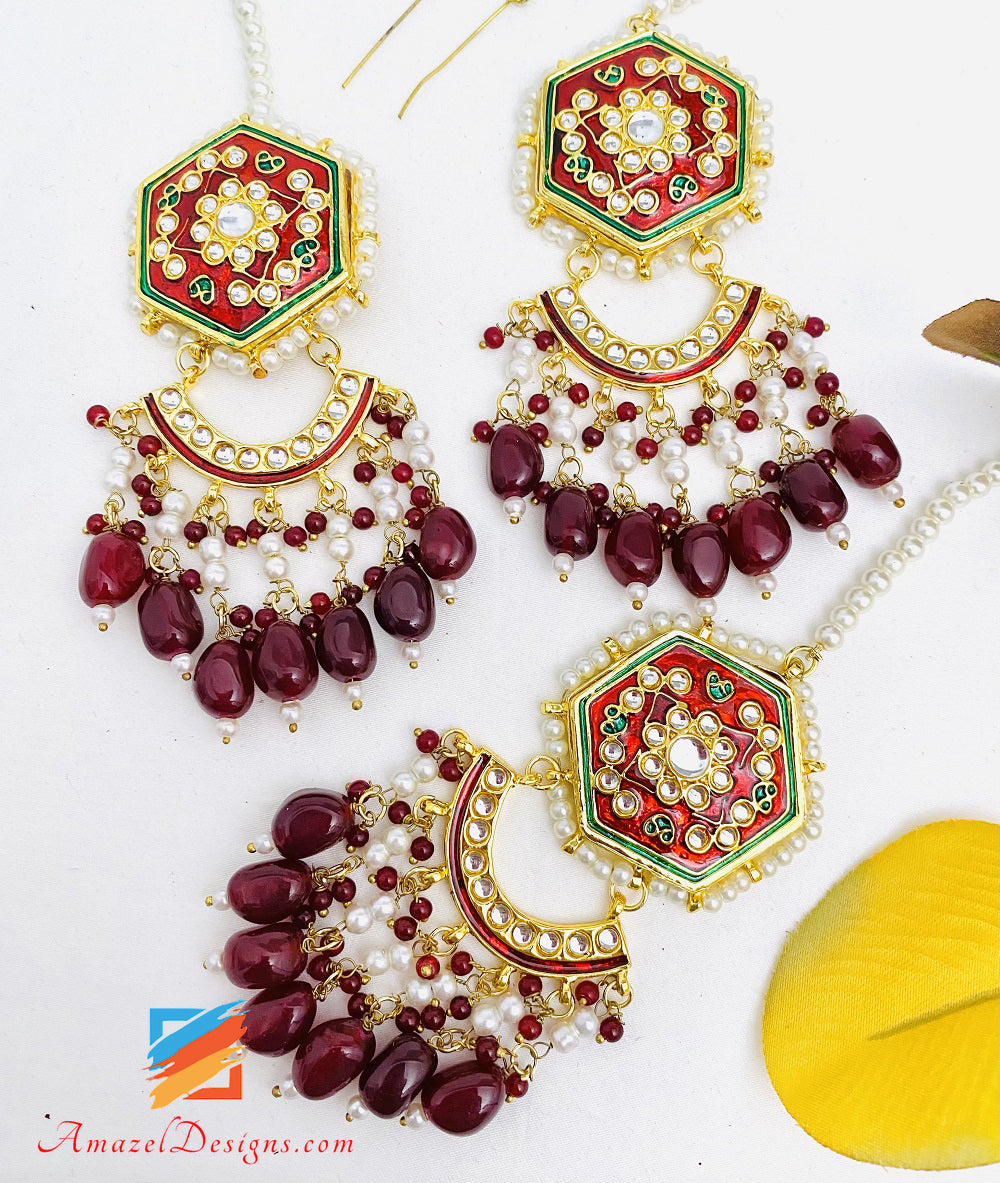 Maroon Ruby Painted Kundan Ohrringe Tikka Passa Set
