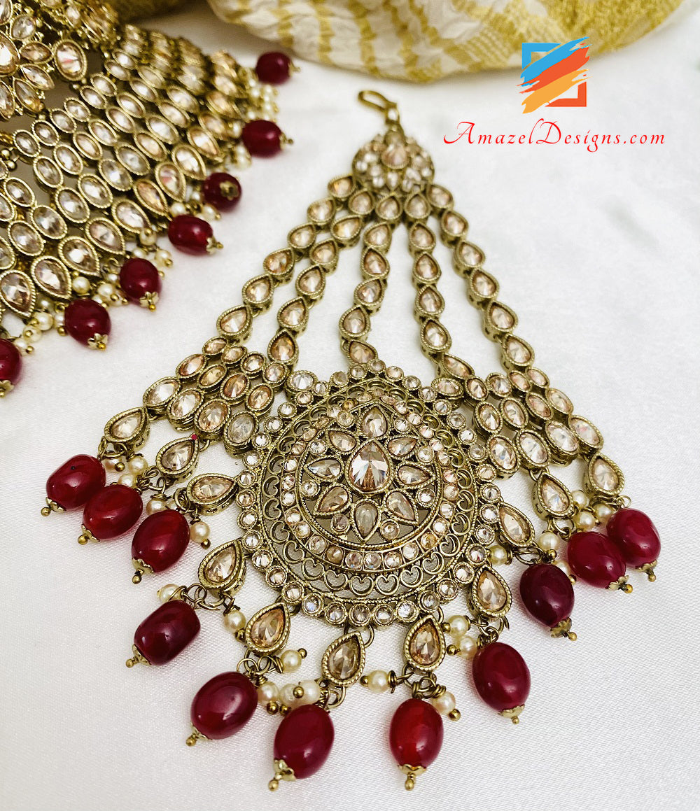 Maroon Ruby Polki Flexible Halskette Ohrringe Tikka Passa Set