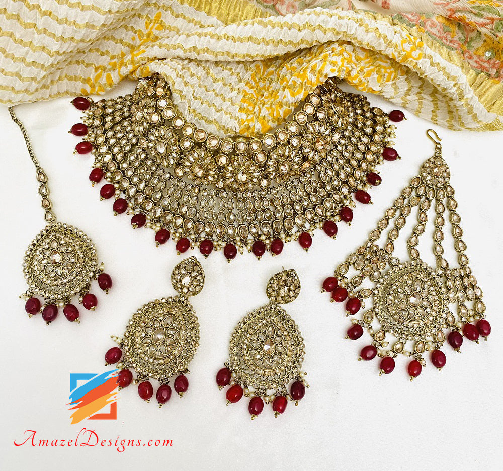 Maroon Ruby Polki Flexible Halskette Ohrringe Tikka Passa Set