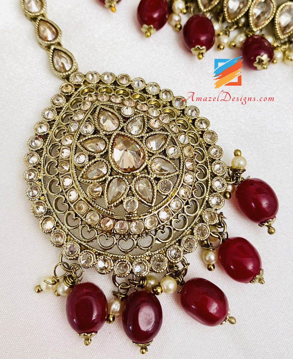 Maroon Ruby Polki Flexible Halskette Ohrringe Tikka Passa Set
