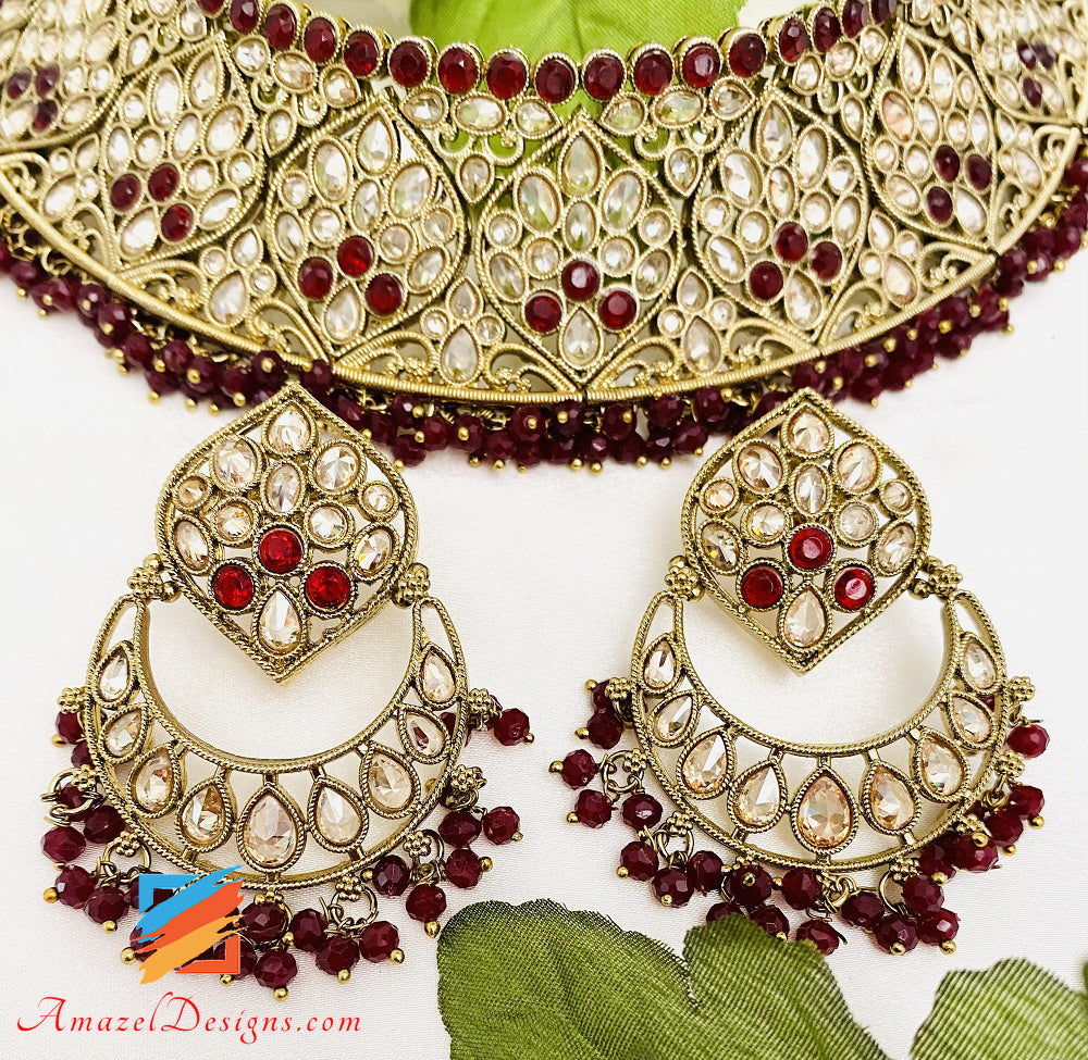 Maroon Ruby Polki Flexible Halskette Ohrringe Tikka Set