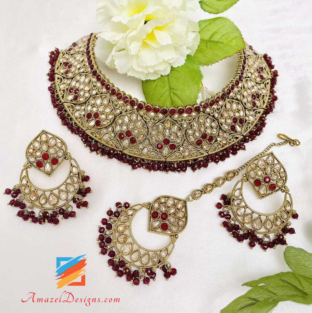 Maroon Ruby Polki Flexible Halskette Ohrringe Tikka Set