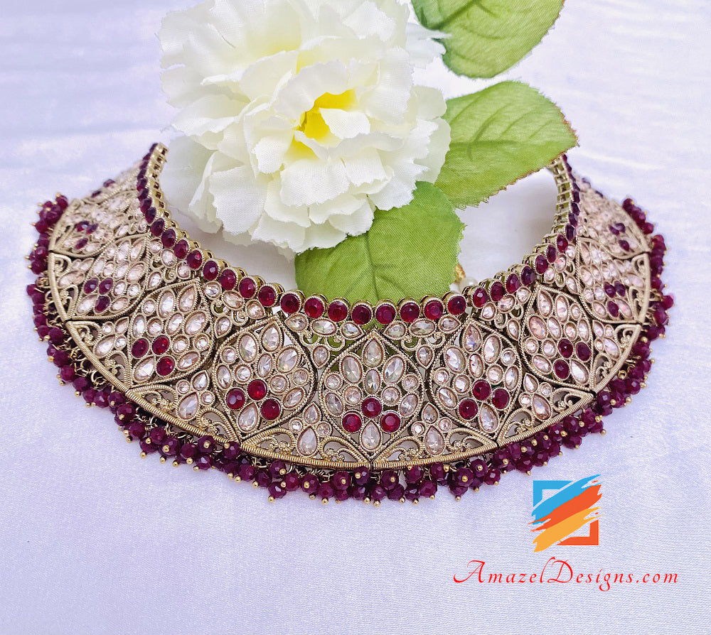 Maroon Ruby Polki Flexible Halskette Ohrringe Tikka Set