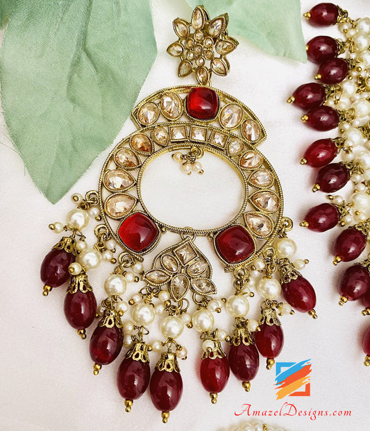 Maroon Ruby Polki Monalisa Necklace Earrings Tikka Set