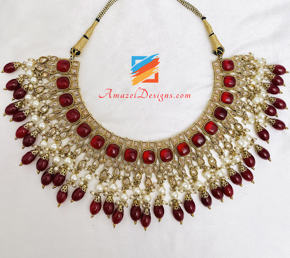 Maroon Ruby Polki Monalisa Necklace Earrings Tikka Set