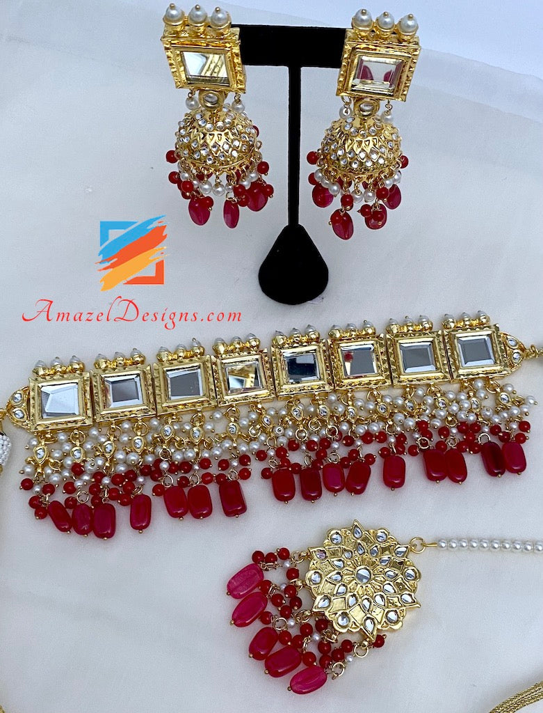 Maroon Sheesha Choker Jhumki Tikka Set