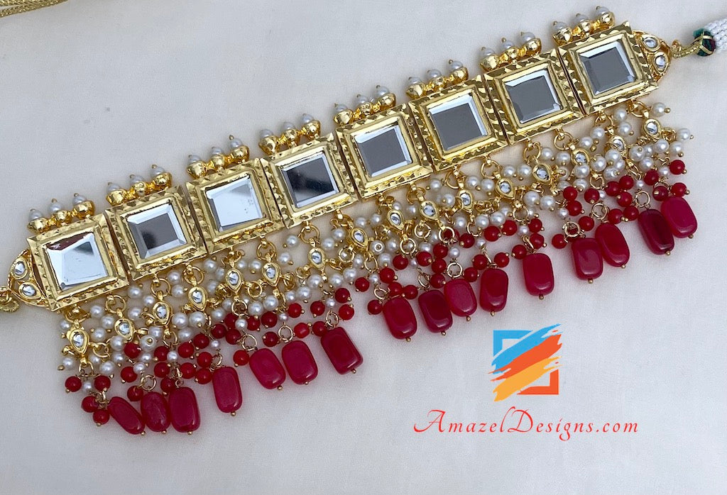 Maroon Sheesha Choker Jhumki Tikka Set