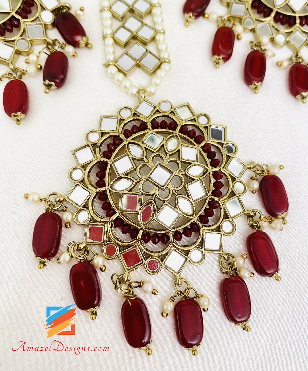 Maroon Sheesha Earrings Tikka Set