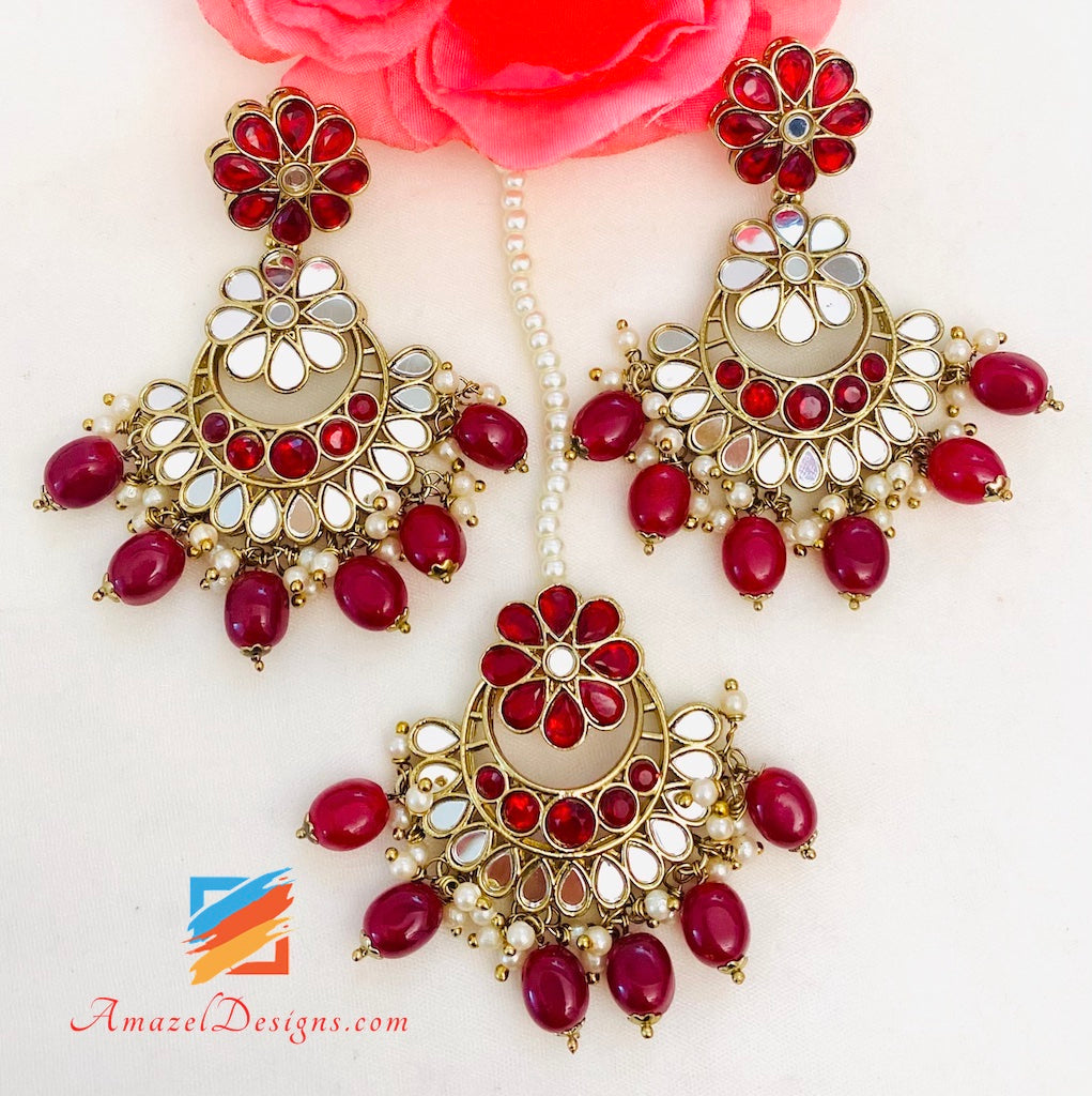 Maroon Sheesha Halskette Ohrringe Tikka Set