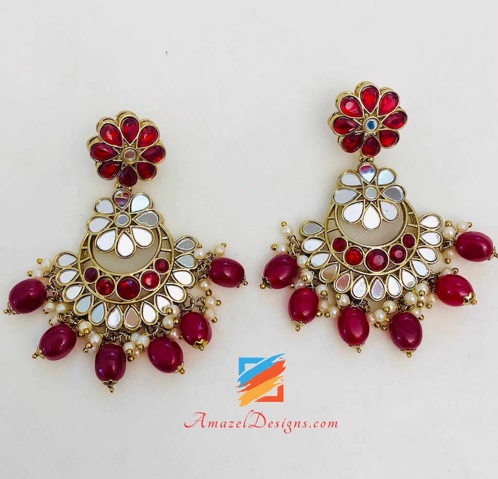 Maroon Sheesha Halskette Ohrringe Tikka Set