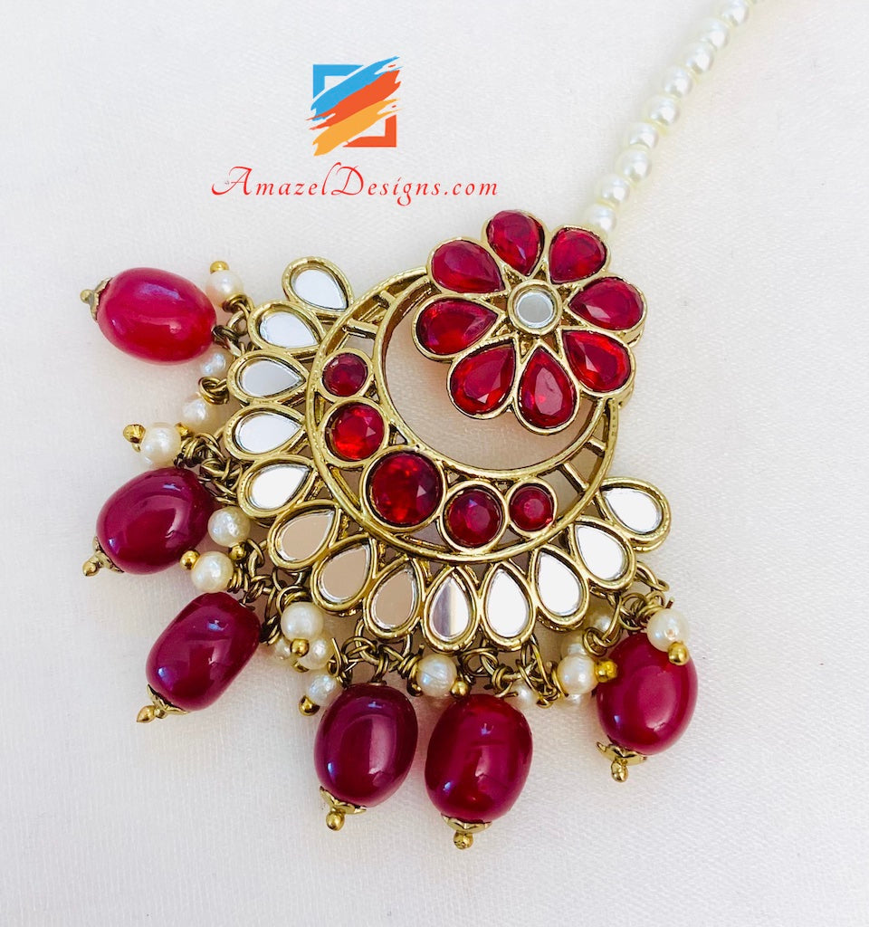 Maroon Sheesha Halskette Ohrringe Tikka Set