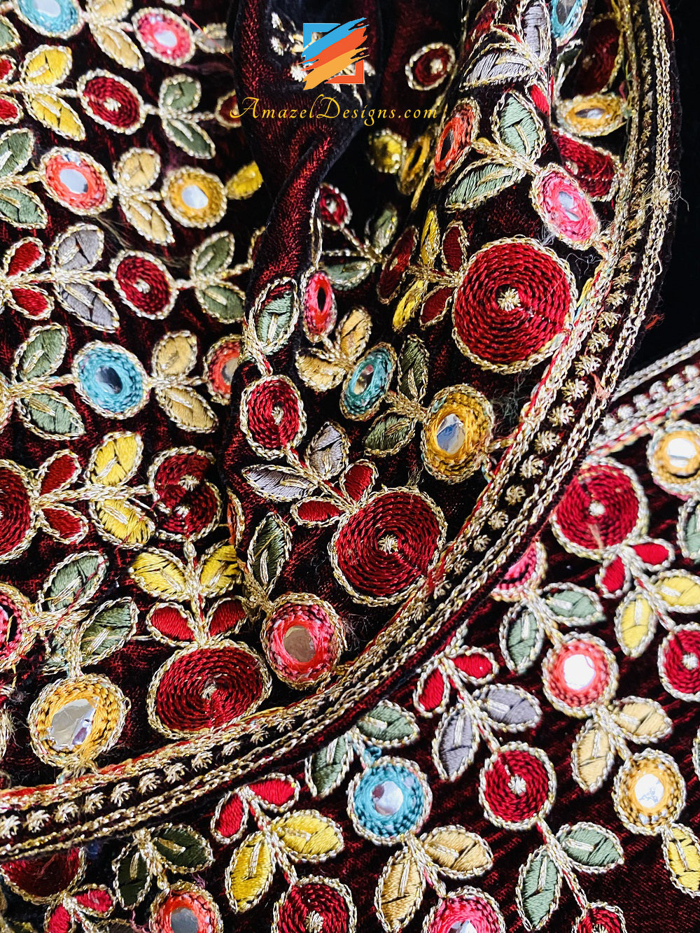 Maroon Velvet Multicoloured Thread Mirror Tilla Work Shawl