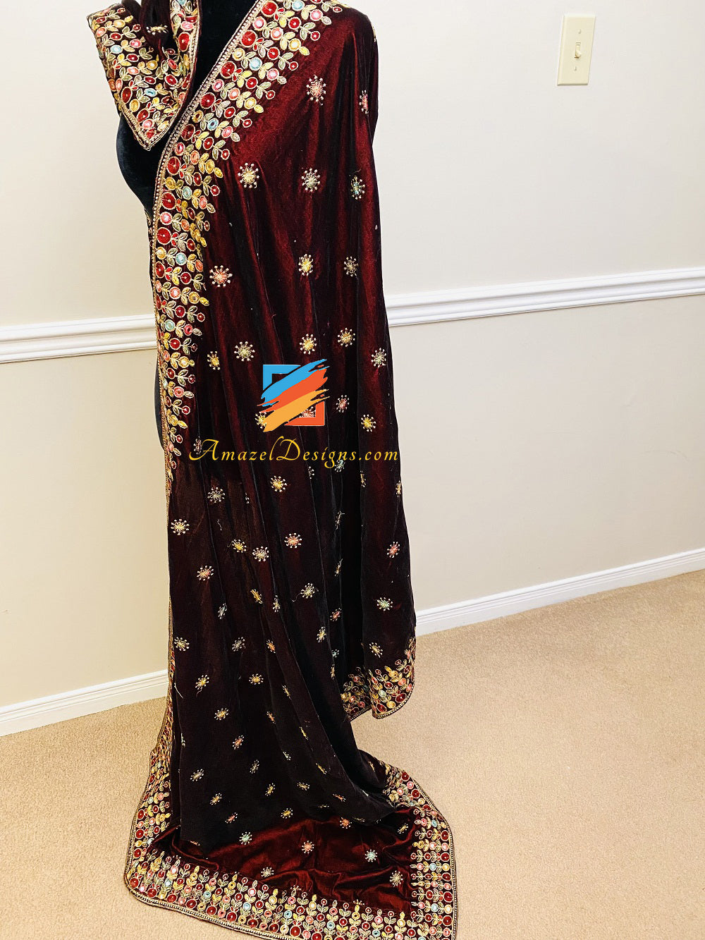 Maroon Velvet Multicoloured Thread Mirror Tilla Work Shawl