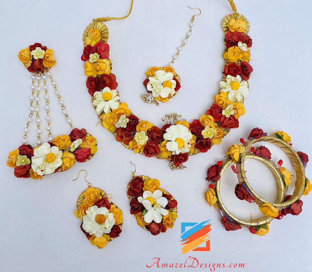 Maroon Yellow Necklace Passa and Tikka Flower Set