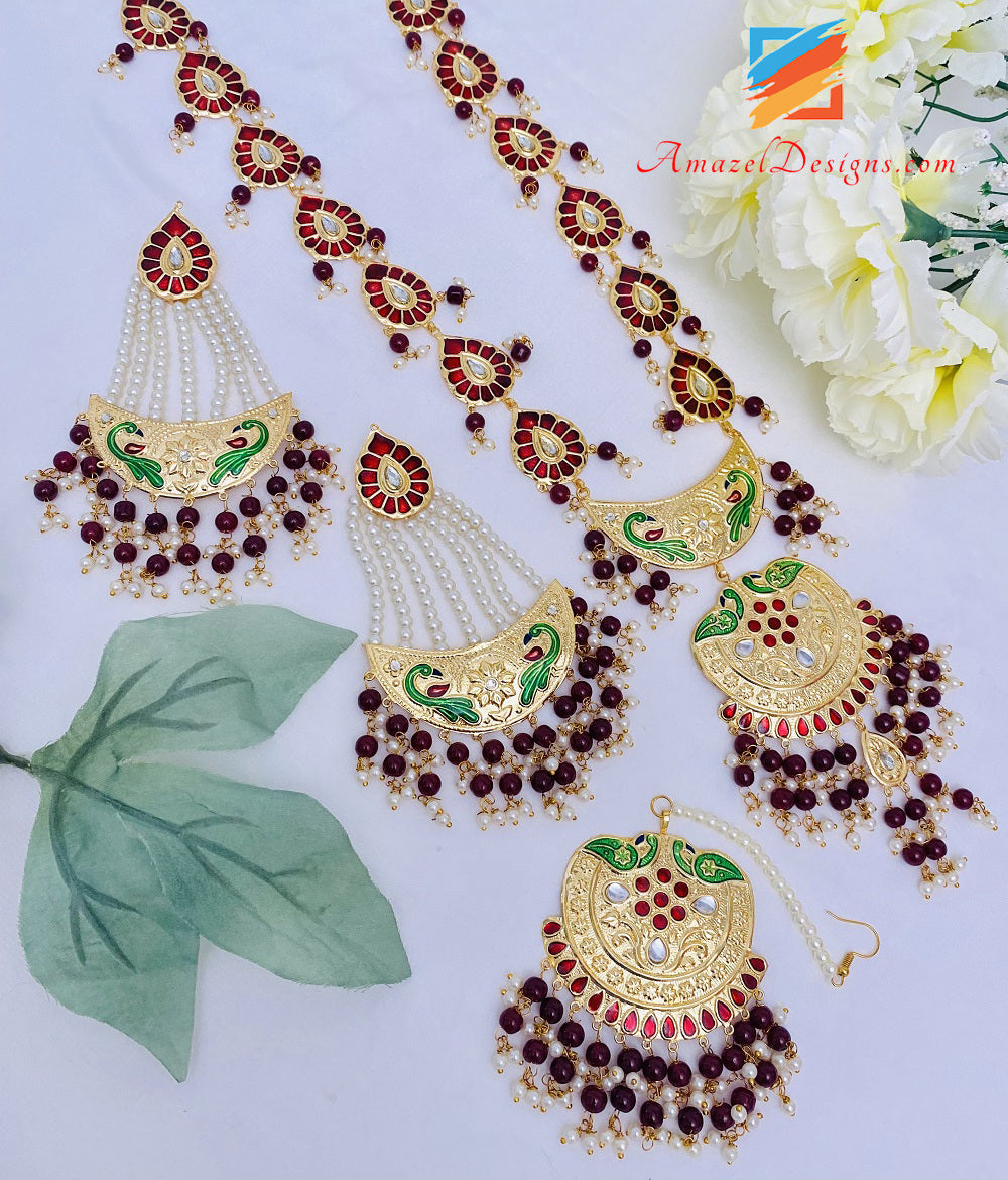 Maroon (Rubin) Morni Extrem leichte Kundan Meenakari Lange Haar Ohrringe Tikka Set