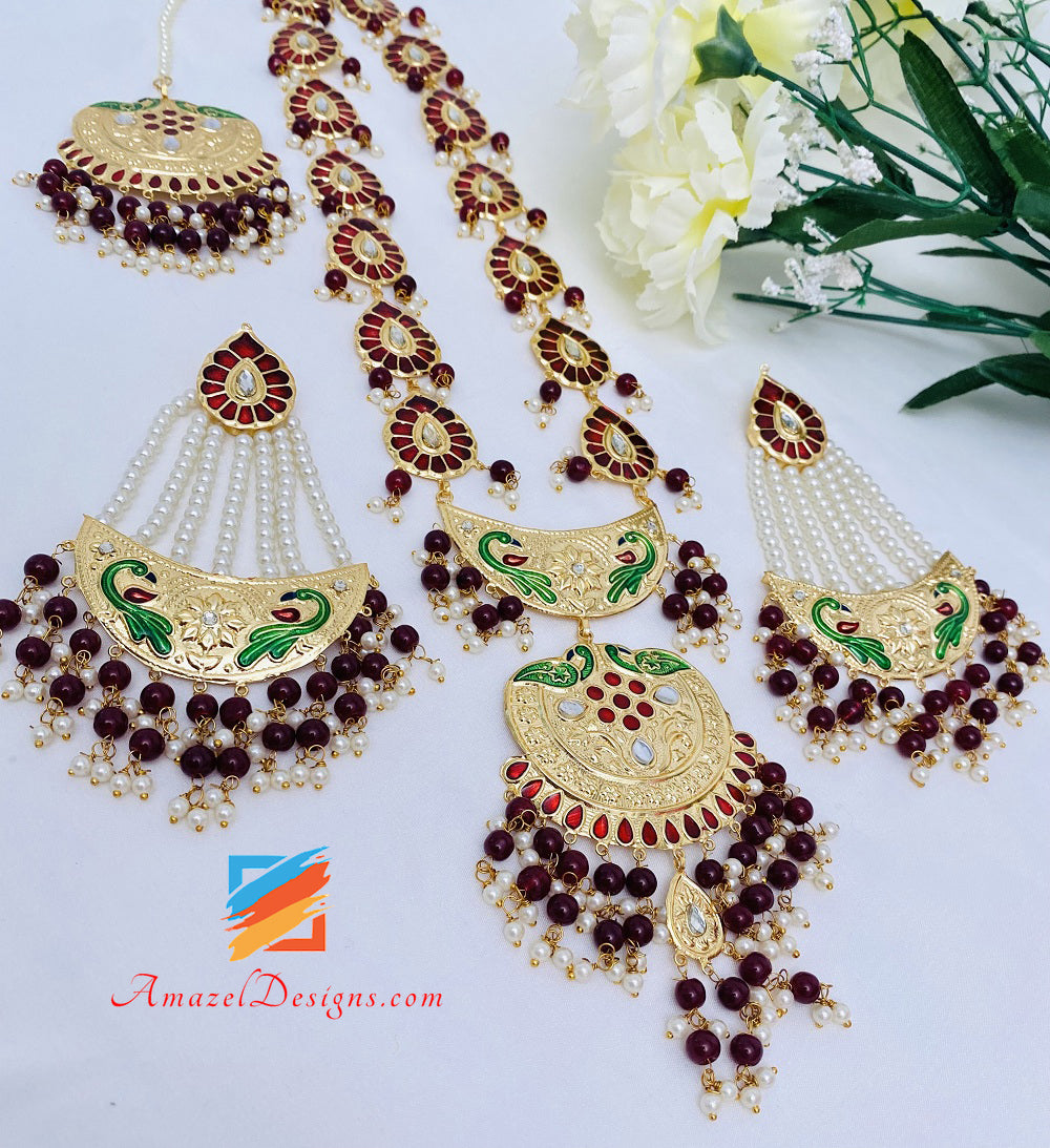 Maroon (Rubin) Morni Extrem leichte Kundan Meenakari Lange Haar Ohrringe Tikka Set