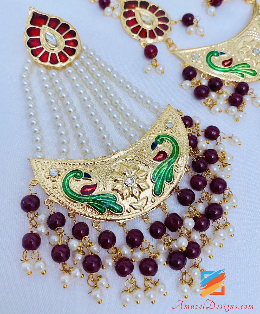 Maroon (Rubin) Morni Extrem leichte Kundan Meenakari Lange Haar Ohrringe Tikka Set