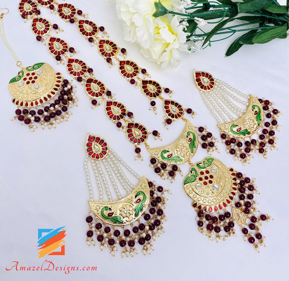Maroon (Rubin) Morni Extrem leichte Kundan Meenakari Lange Haar Ohrringe Tikka Set