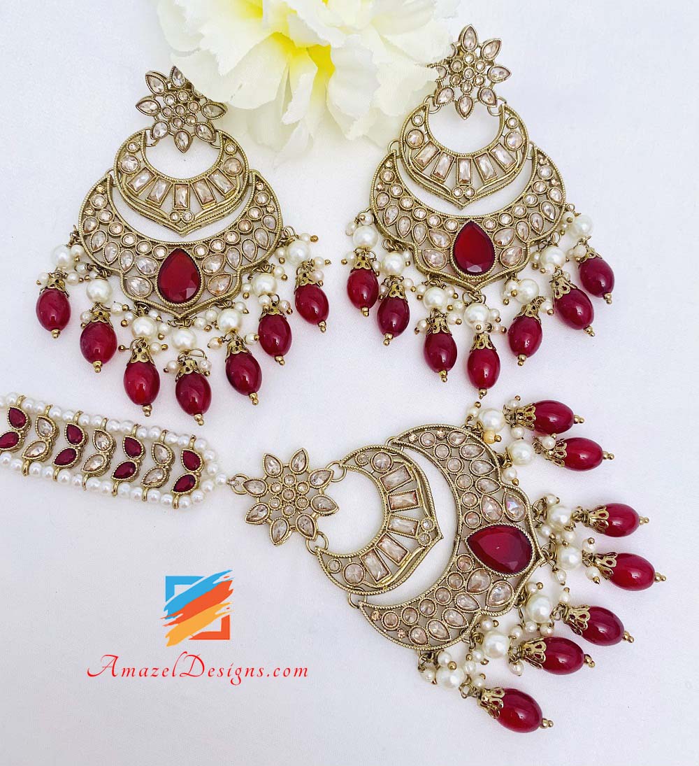 Maroon(Ruby) High Quality Polki Monalisa Necklace Earrings Tikka Set