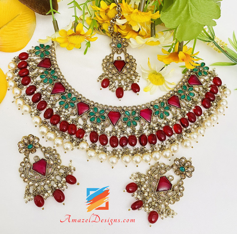 Maroon (Ruby) Polki Monalisa Necklace Earrings Tikka Set