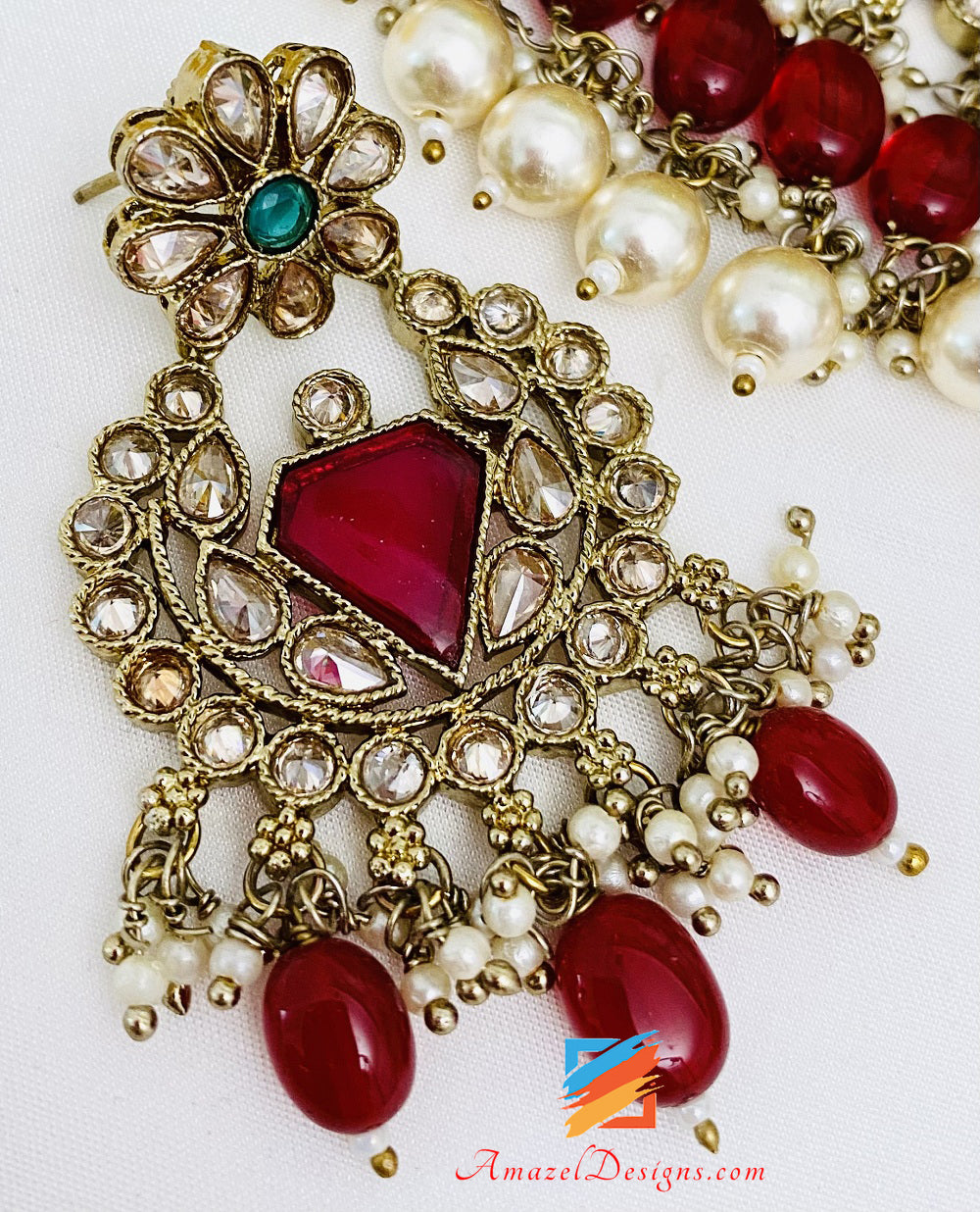 Maroon (Ruby) Polki Monalisa Necklace Earrings Tikka Set