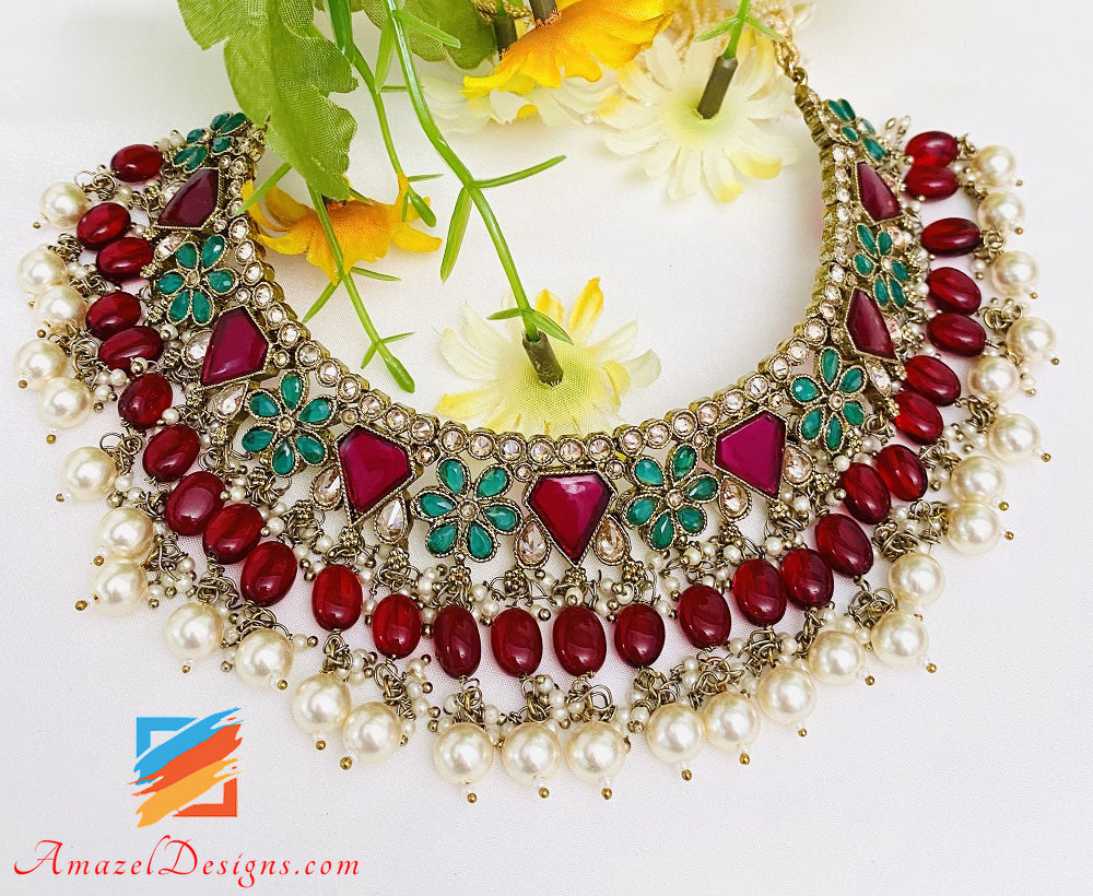 Maroon (Ruby) Polki Monalisa Necklace Earrings Tikka Set