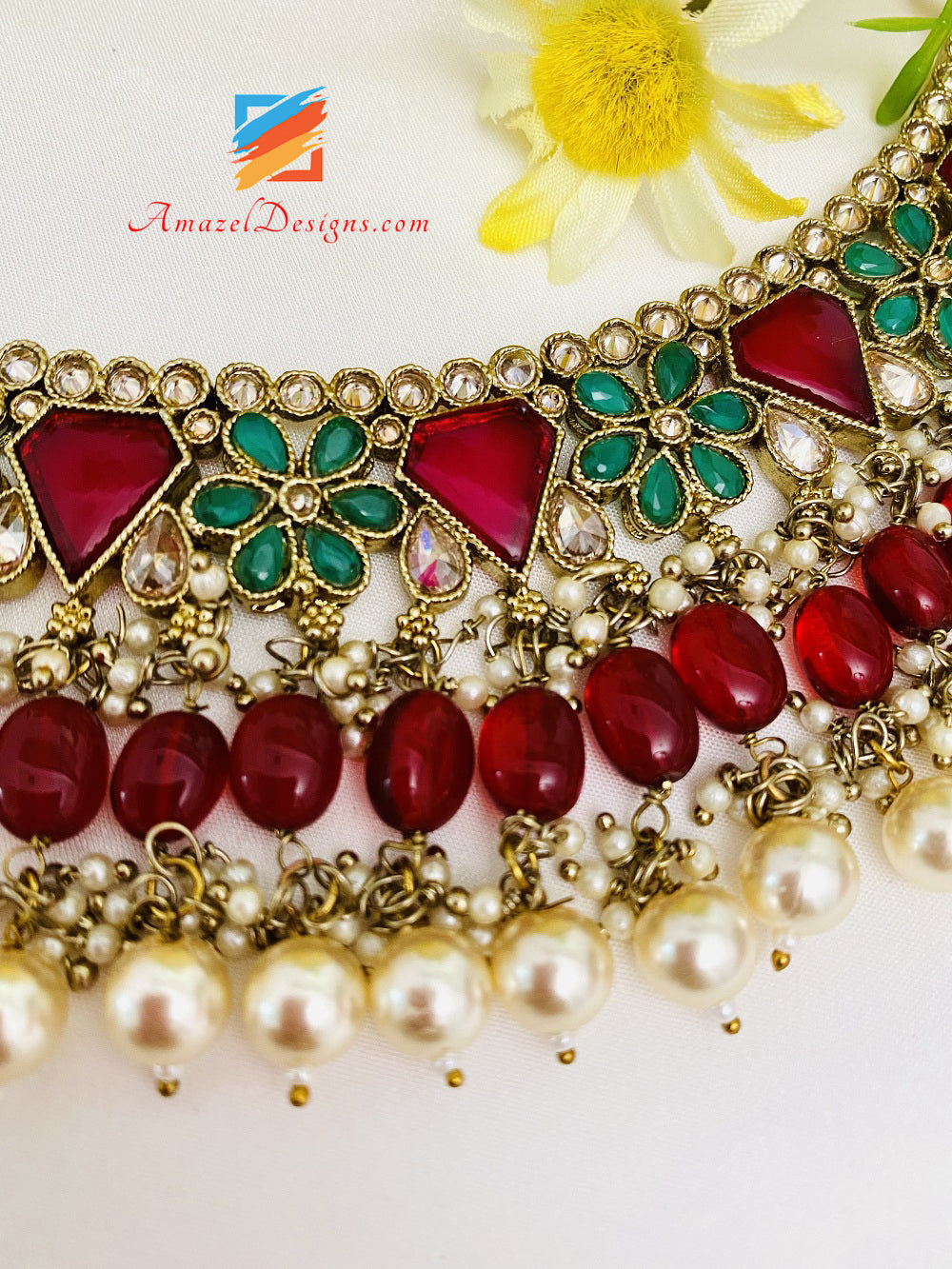 Maroon (Ruby) Polki Monalisa Necklace Earrings Tikka Set