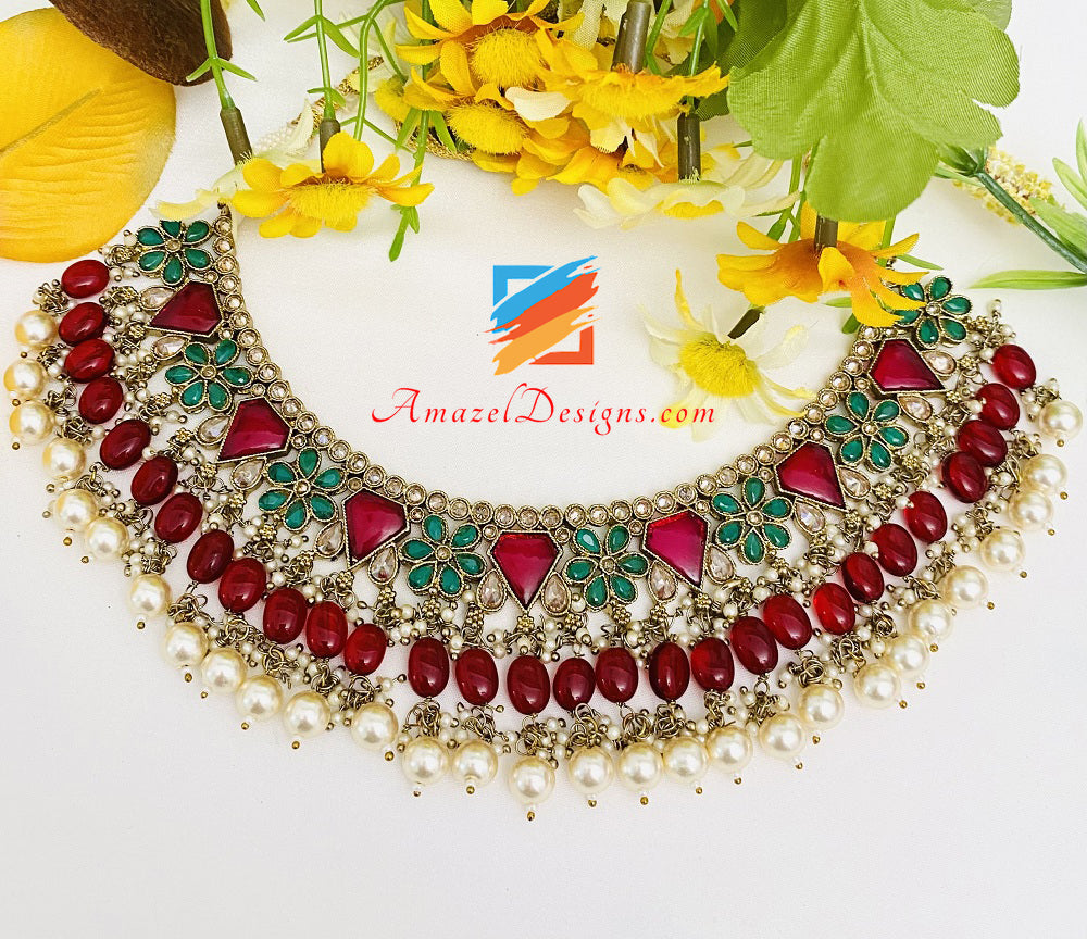 Maroon (Ruby) Polki Monalisa Necklace Earrings Tikka Set