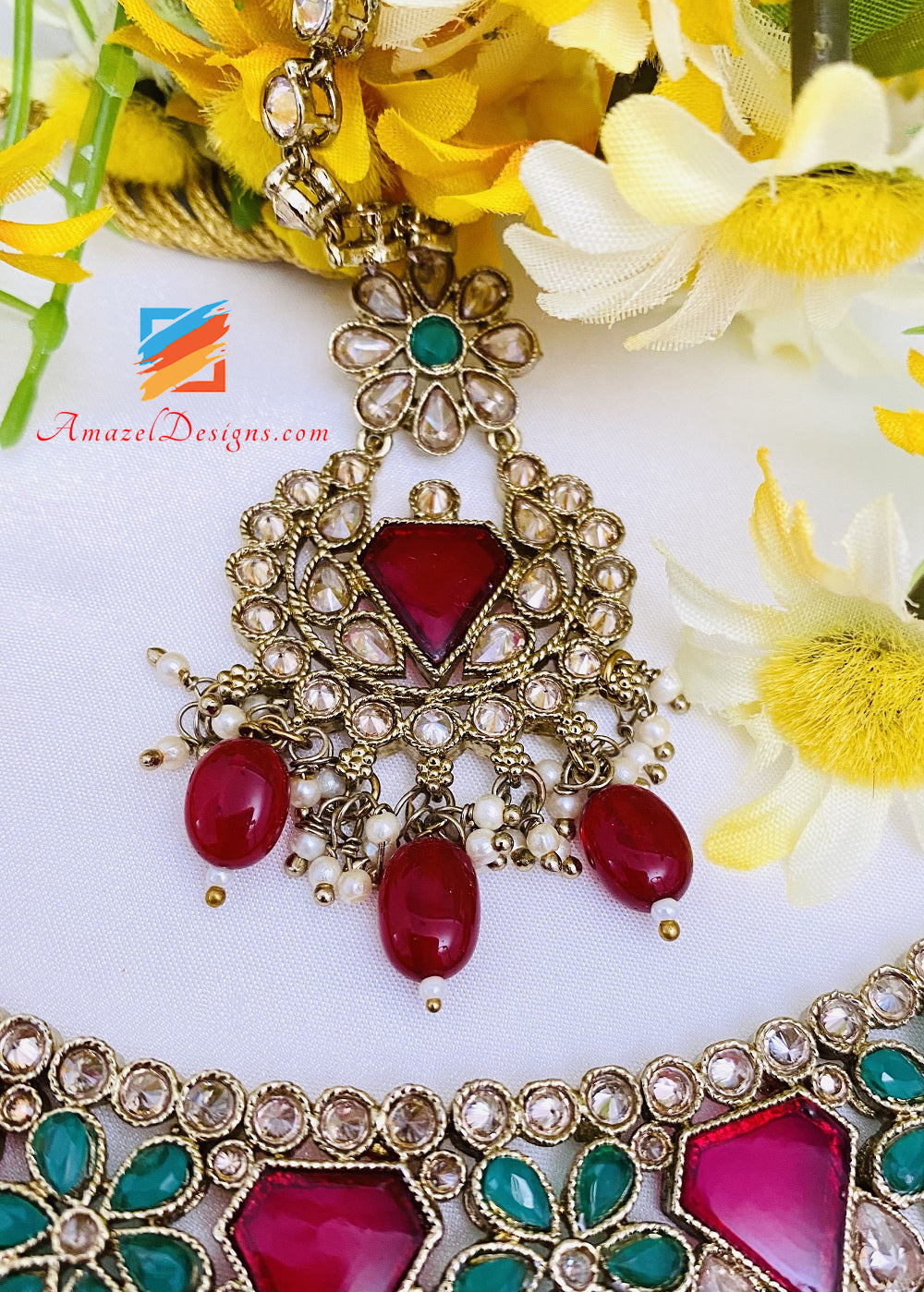 Maroon (Ruby) Polki Monalisa Necklace Earrings Tikka Set