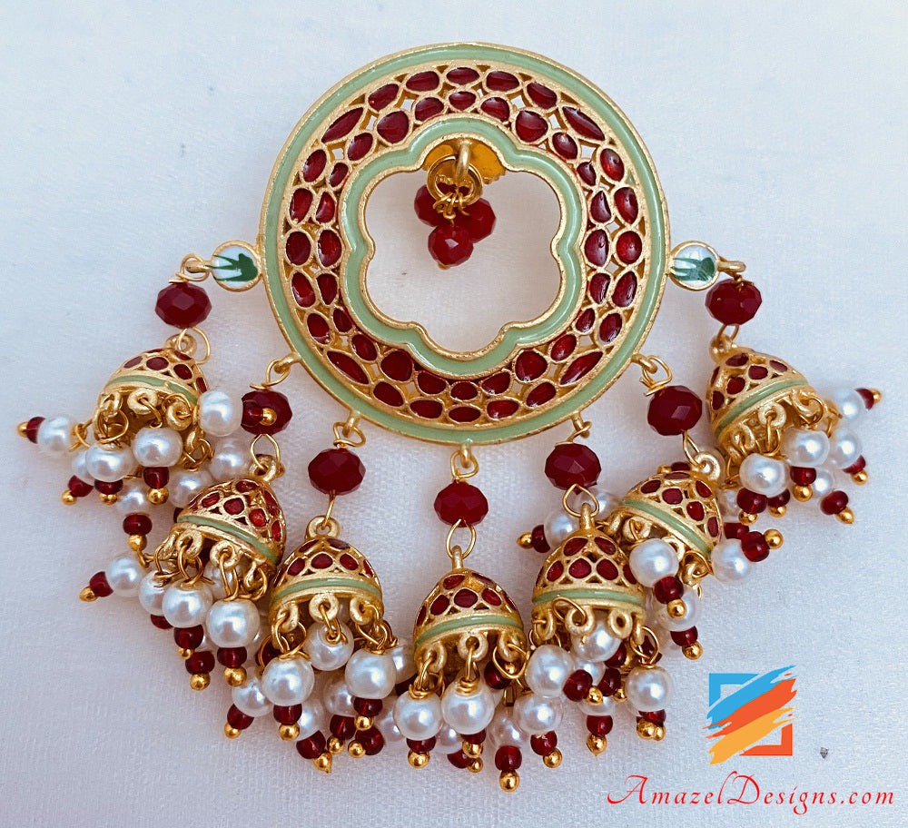 Maroon With Dark Magenta Beads Studs Tikka Set