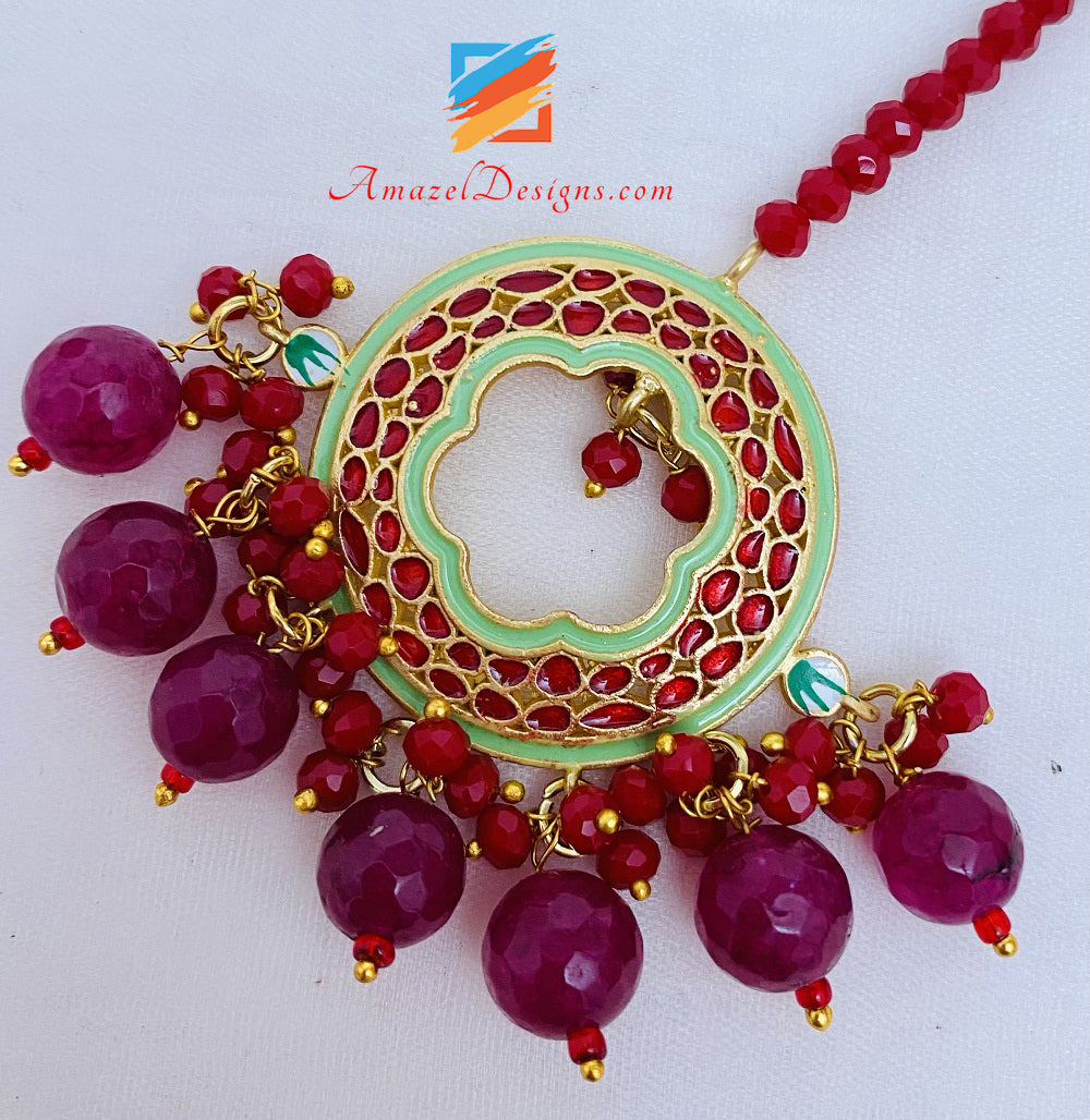 Maroon With Dark Magenta Beads Studs Tikka Set