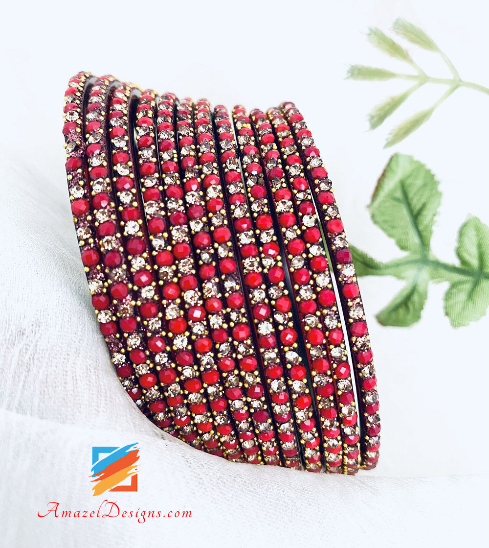 Maroon Glass Bangles With Stones