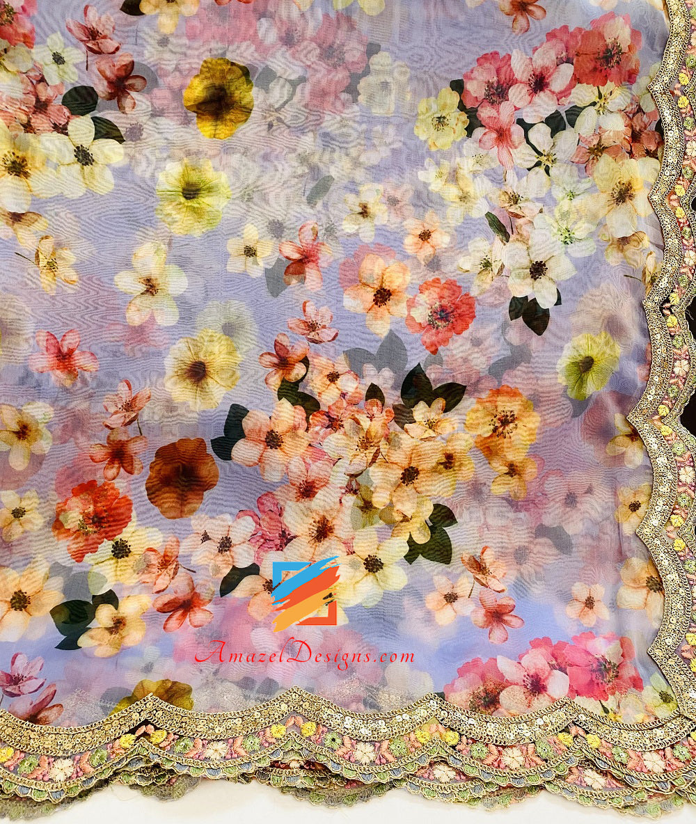 Pizzo intagliato a quattro lati stampato in organza color malva (viola chiaro).