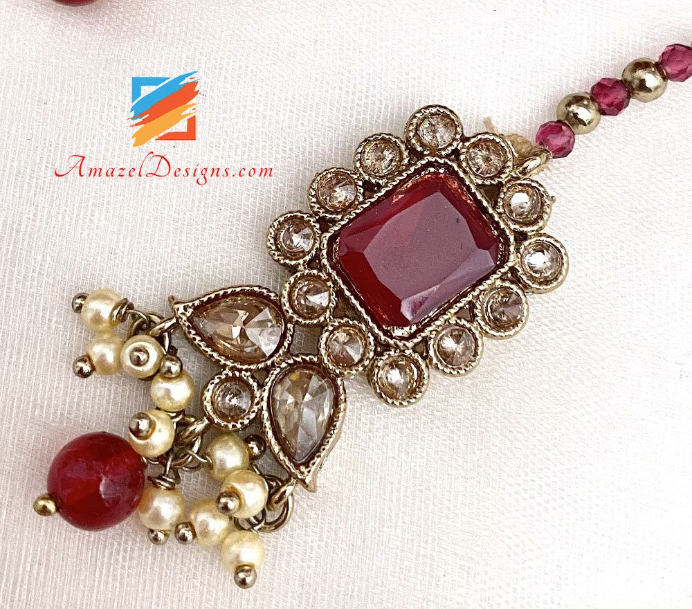 Maroon Polki Choker Jhumki Tikka Set
