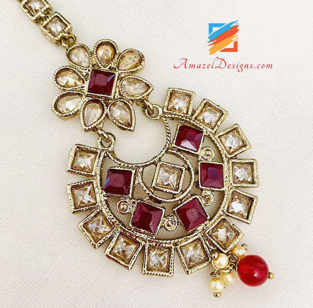 Maroon Choker Necklace Earrings Tikka Set